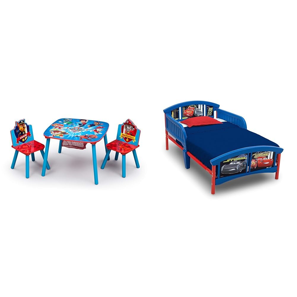 Delta Children Kids Table and Chair Set with Storage - Ideal for Arts & Crafts, Snack Time, Homeschooling, Homework & More, Nick Jr. PAW Patrol & Plastic Toddler Bed, Disney/Pixar Cars