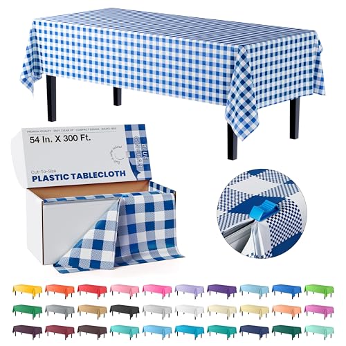 Image of Party Solids 54 Inch X 300 Feet Blue Gingham Plastic Table Cover Roll in A Cut - to - Size Box with Convenient Slide Cutter. Cuts Up to 36 Rectangle 8 Feet Plastic Disposable Tablecloths