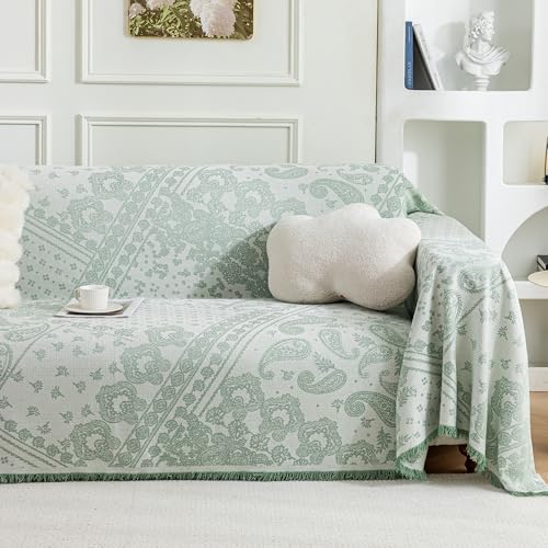 UWWGKK 71"x165" Boho Couch Cover, Green U Shaped Sectional Sofa Blanket