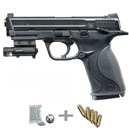 KIT Umarex Smith&Wesson MP40 CO2 LASER - Pistola de ar comprimido (CO2) e balas de aço (pellets BBS) calibre 4,5 mm. réplica acessórios <3,5 J