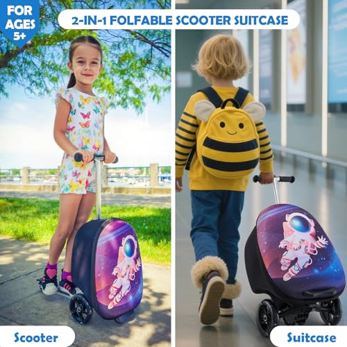 Yacul Kids Suitcase Scooter, 2-in-1 Foldable Luggage with LED Light Wheels, Lightweight Carry-On Travel Suitcase for Boys and Girls(Blue)2