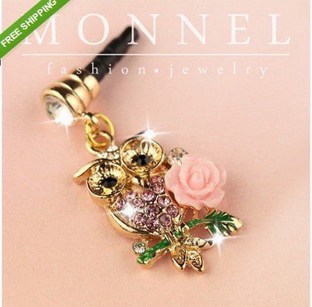 IP422-B Cute Pink Crystal Rose OWL Anti Dust Ear Cap Plug for iPhone Android 3.5mm Ear Jack