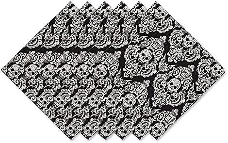 DII Halloween Party Tabletop Decor, Reusable & Machine Washable Cotton Fabric, Napkin Set, 20x20, Black Skull Damask, 6 Piece