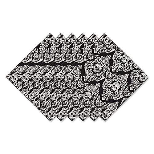 Dii Halloween Party Tabletop Decor, Reusable & Machine Washable Cotton Fabric, Napkin Set, 20X20, Black Skull Damask, 6 Piece #TOP2
