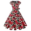 Kingfancy Women Vintage 1950s Dress Retro Cocktail Party Swing Dresses with Cap Sleeves Black Red Rose M