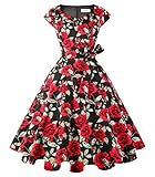 Kingfancy Women Vintage 1950s Dress Retro Cocktail Party Swing Dresses with Cap Sleeves Black Red Rose XL