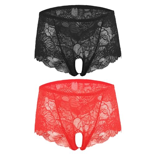 TINAYAUE String Ouverts pour Femmes - 2PCS Slip Culotte Transparente en Dentelle Lingerie sous Robe pour Hot Copine - Grande Taille (Tour de Hanche 100-105cm)