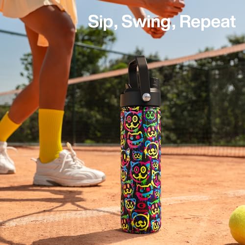 Image of ENCOOL Insulated Water Bottle with Straw Stainless Steel Water Bottle, Leak-Proof, BPA-Free, Double Wall Vacuum Keeps Cold for 24 Hours for Sports, Travel, School (26 oz, Neon Smiley)
