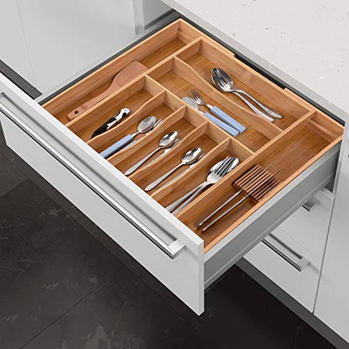 Vidor Kitchen Drawer Organizer - Expandable Silverware Organizer/Utensil Holder and Cutlery Tray with Grooved Drawer Dividers for Flatware and Kitchen Utensils (9 Slots, Natural)