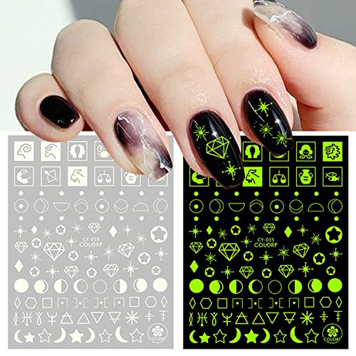 Luminous Nail Art Stickers, Fluorescent Nail Self-Adhesive Decals, Glow In The Dark Nail Art Design, Sun Moon Stars Love Heart Nail Sticker Decoration For Women Girls Manicure 3D Nail Decal(6 Sheets) #TOP2