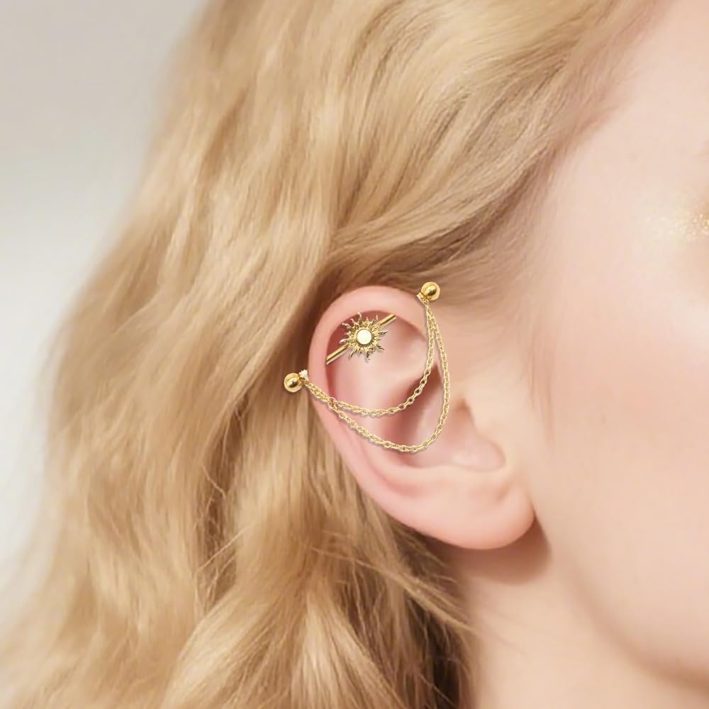 Gold Plated Stainless Steel Sun Industrial Barbell Cartilage Earrings for Women 14G Chains Dangle Cartilage Industrial Earrings Industrial Bar Body Piercing Jewelry - Image 2