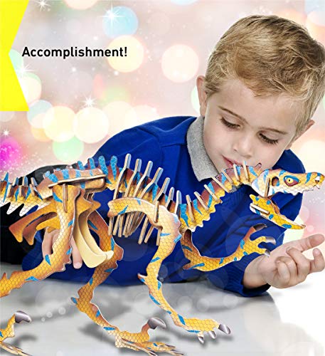 Puzzled 3D Puzzle Colorful Velociraptor Dinosaur Wood Craft Construction Kit Fun & Educational Diy Wooden Dino Toy Assemble Model Pre-Colored Crafting Hobby Puzzle To Build & Decoration 47 Pcs Pack #TOP4