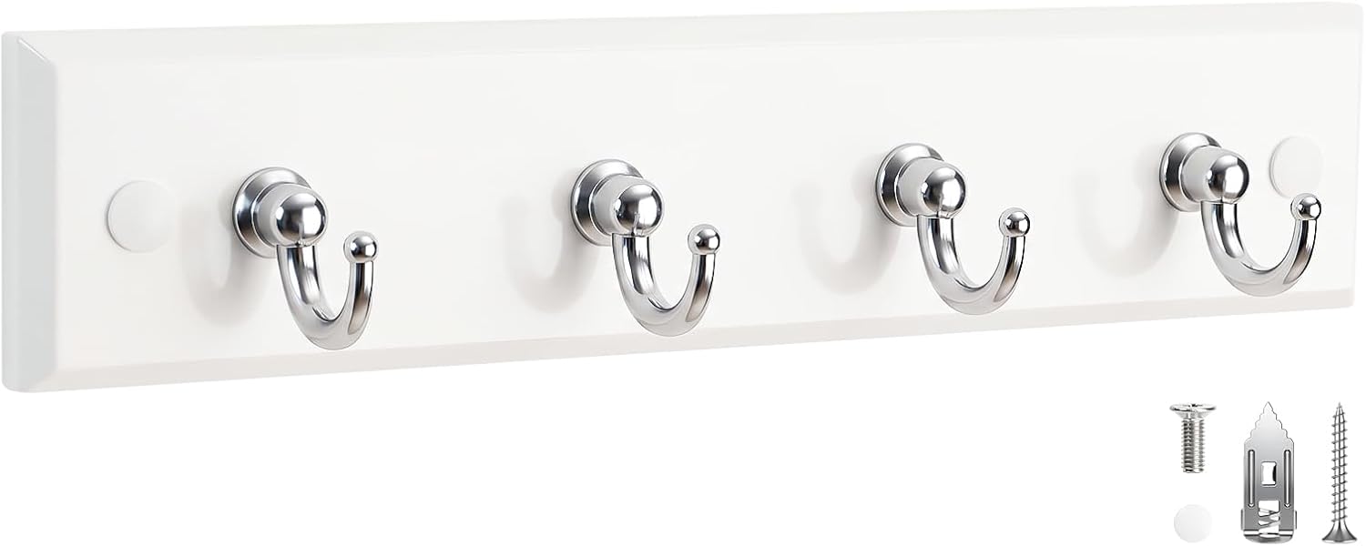 KURUI Wooden Key Holder Wall Mount with 4 Metal Hooks, Wall Key Rack for Entryway, Living Room, Apartment, House, and Home Decor, Keys Hanger New Home Essentials - White