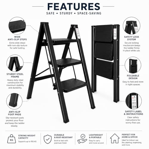 Image of 3 Step Folding Ladder Heavy Duty Steel Step Stool with Anti-Slip Wide Pedals & Rubber Feet, Portable Foldable Household Kitchen Ladder, Compact Utility Stool for Home Adults, Closet, RV & Indoor Use