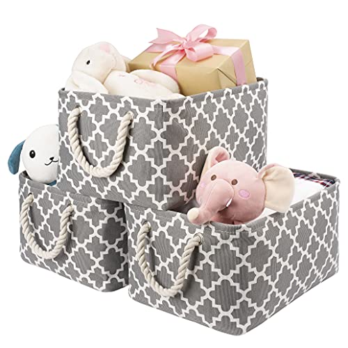 Set of 3 Large foldable canvas Storage Baskets with cotton rope Handles, Collapsible grey fabric storage box basket, Storage boxes Organiser for Shelves, wardrobe, toy, Clothes, bedroom, bathroom