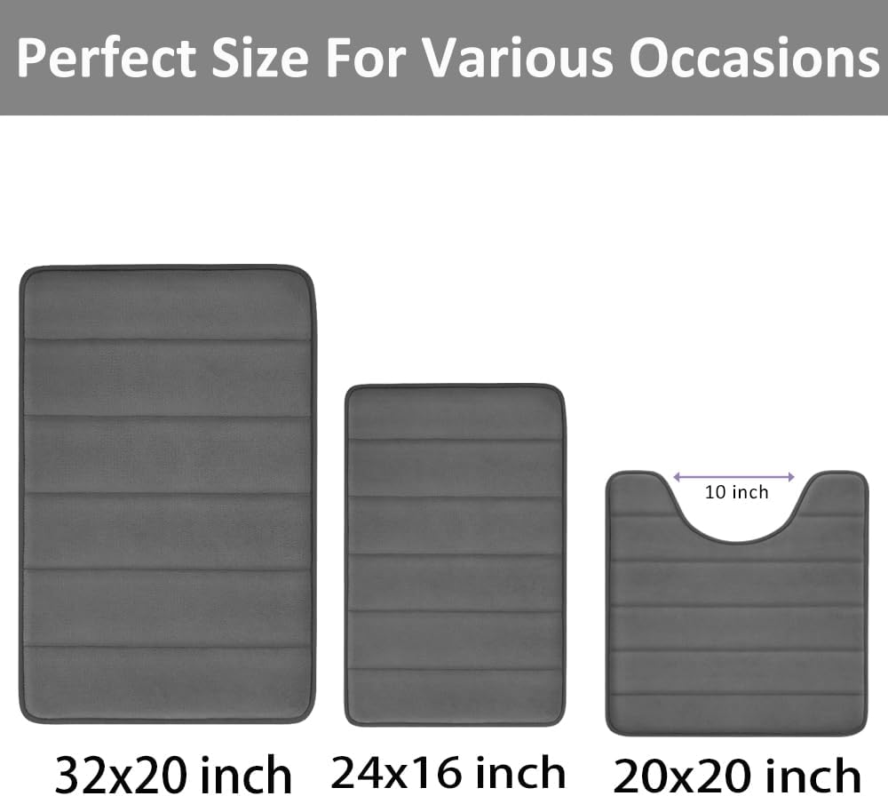 RUN HELIX Grey Bathroom Rugs, Ultra Absorbent Non-Slip Memory Foam Bath Rugs, Washable Bedroom mats,Soft Velvet Bath Mats,Easier to Dry for Bathroom Floor Rugs
