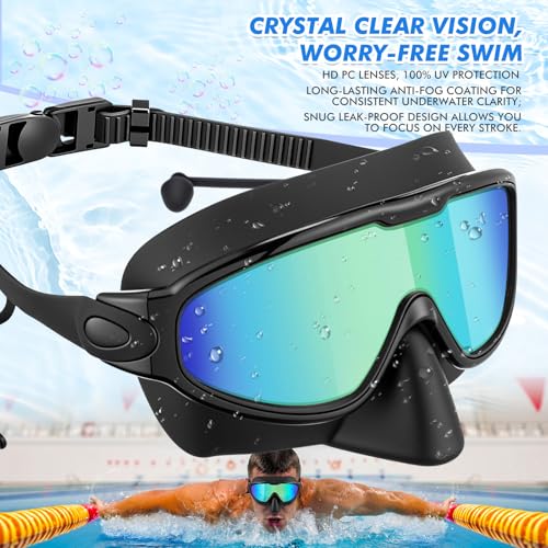 Kanayu 2 Pack Swim Goggles with Nose Cover Earplug for Adult Wide View Anti Fog UV Swim Goggles No Leaking Diving Mask for Men Women (Colorful Green Gold,Colorful Pink) - Thumbnail 7