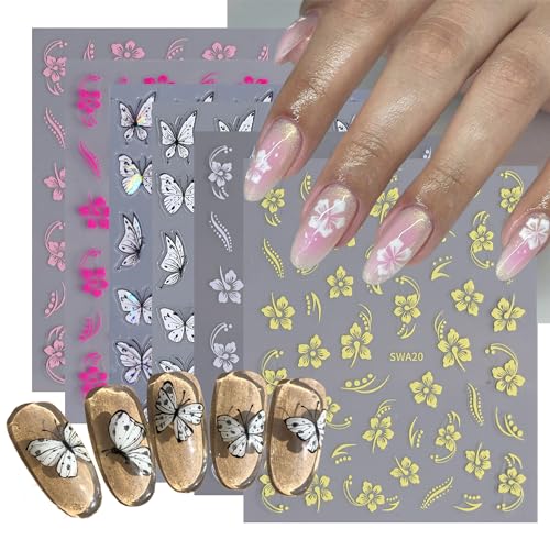 6 Sheets Flowers Nail Art Stickers White Butterfly Nail Decals 3D Self-Adhesive Pink White Gold Flower Nails Stickers Design Flower Nails Art Supplies for Nail Art Manicure Tip Decoration