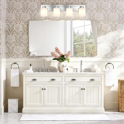 LKHF Modern Bathroom Lighting Fixtures Over Mirror, Vanity Lights for Bathroom, Wall Sconces with Milky White Glass Shades, E26 Ceramic Socket, 4-Light 27.5-inch Chrome by LKHF - Used condition - Image 2