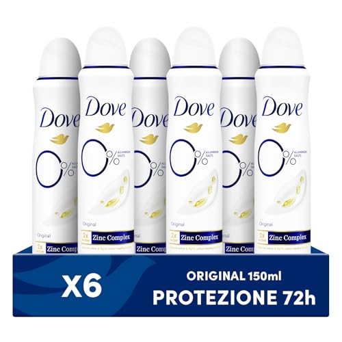 Dove Deodorante Spray 0% Original, Senza Alcol e Sali di Alluminio, con Formula Idratante e Delicata, Pelle Asciutta Fino a 48 Ore, Deodorante Uomo e Donna, 6 Pezzi da 150ml