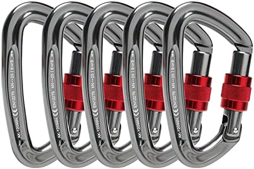 Locking Carabiner - 25kN 5600lb Climbing Carabiner Screw Gate D Shape Carabiner Silver (Pack of 5)