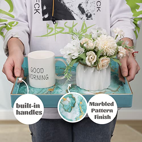 Maoname Turquoise Square Decorative Tray For Coffee Table, Marbling Serving Tray With Handles, Modern 13" Plastic Tray For Ottoman, Bathroom, Storage #TOP3