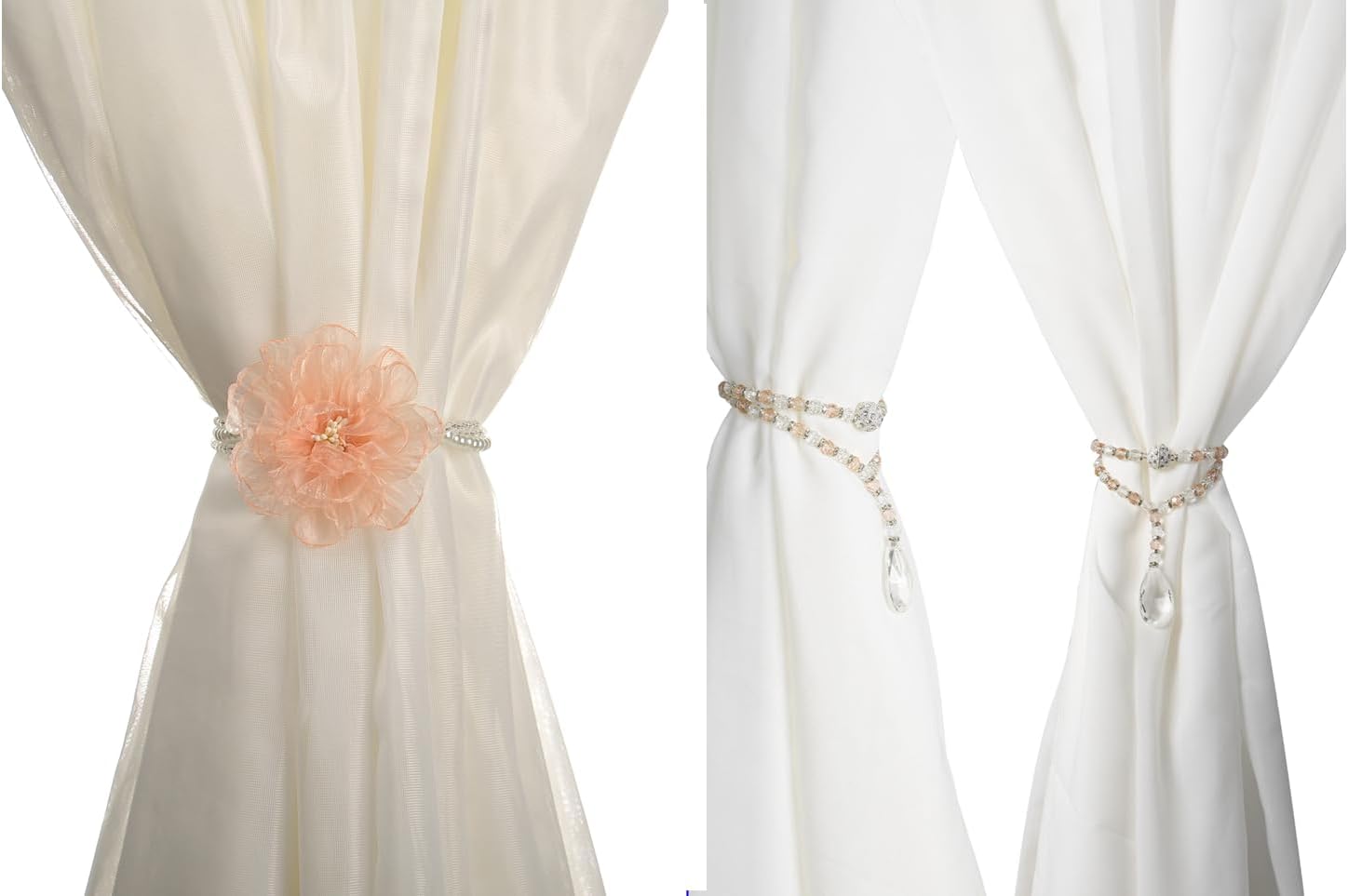 SUQ I OME 2 Pair of Curtain Tiebacks, Elegant Pearl Beaded Magnetic Curtain Tieback with Handmade Flower Decorative Drapery Holdbacks Rope Holder for Home, Office,Pink
