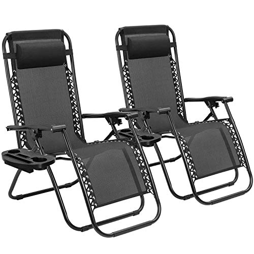 Tuoze Zero Gravity Adjustable Outdoor Folding Lounge Patio Chairs with Pillow Recliners for Poolside, Beach, Yard Set of 2, Black