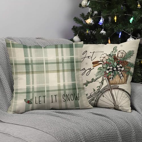 Fjfz Hello Winter Vibes Green Decorative Throw Pillow Covers 18x18 Set of 4, Get Cozy Bicycle Christmas Tree Snowflakes Outdoor Home Decor, Polka Dot Plaid Xmas Holiday Farmhouse Couch Cushion Case by Fjfz - Image 4