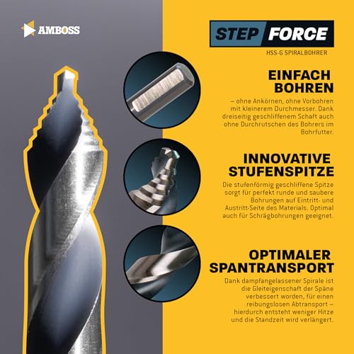 Spiralbohrer Step Force 5tlg. SET Ø4-10 mm - HSS-G DIN 338 für Stahl, Baustahl, Alu, Buntmetalle AMBOSS WERKZEUGE® Bohrer Bleche, Profile - Sechskant f. Bohrmaschine, Akkubohrer, Standbohrmaschine