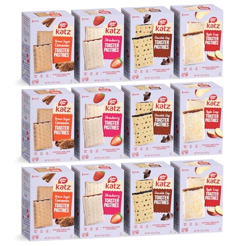 Katz Gluten Free Snacks Toaster Pastries 4 Flavor Fruit Variety Pack Apple Crisp, Cinnamon, Chocolate Chip &amp; Strawberry. Gluten Free. Dairy Free, Nut Free, Peanut Free, Soy Free. 3 of each (12pk)