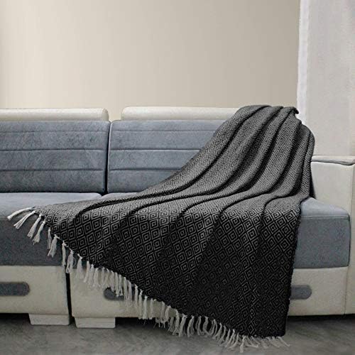 RAJRANG BRINGING RAJASTHAN TO YOU Black Throws for Sofa - 127 x 152 cm Indian Ethnic Handmade Woven Cotton Reversible Throw Blankets for Single Settee Couch Cover Bed and Arm Chair Decor