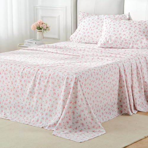 MUXHOMO Queen Size 4 Piece Sheet Set, Soft Breathable Bed Sheet Set for Bedroom with Deep Pocket Up to 16", Wrinkle-Free & Cooling Bedding for Oeko-TEX Certified - Blossoms Pink by MUXHOMO - Image 6