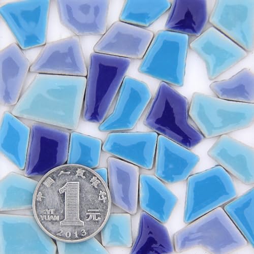 Irregular Size Mosaic Tiles Mixed Color Ceramic Mosaic Glass Pieces for Home Decoration or DIY Crafts 200g Triangles Trapezoids Polygons (Blue Mix)