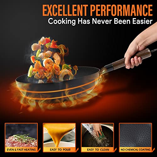 BrBrGo Carbon Steel Wok Pan, 13 Inch Wok, 5 Piece Stir-Fry Pans Set with Wooden Lid, No Chemical Coated Flat Bottom Wok Pan for All Stoves