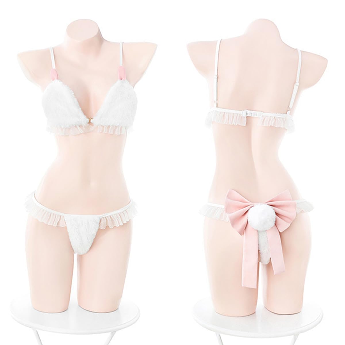 Kawaii bikini, futrzany króliczek, seksowny kostium anime, Cosplay, zestaw mini bikini, Halloween, biały kapelusz królika, biały, jeden rozmiar