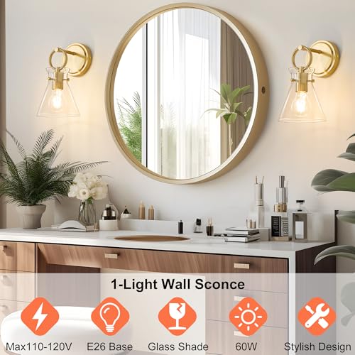 Gold Wall Sconce 1-Light Hardwired Wall Mount Modern Farmhouse Vanity Light Fixtures with 6 Inch Clear Glass Shade, Wall Lights for Bathroom, Bedroom, Living Room, Mirror, Kitchen, Lighting Lamp by Gednbo - Image 2