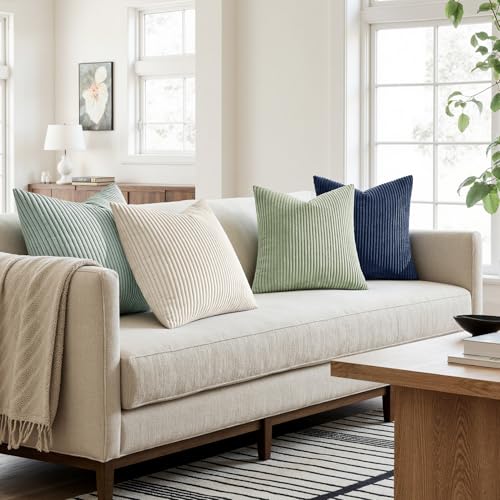 Image of MIULEE Boho Farmhouse Muted Teal Throw Pillow Covers 18x18 Inch Set of 4 Mordern Nordic Cushion Covers Soft Corduroy Spring Home Decor for Couch Bed Sofa Living Room
