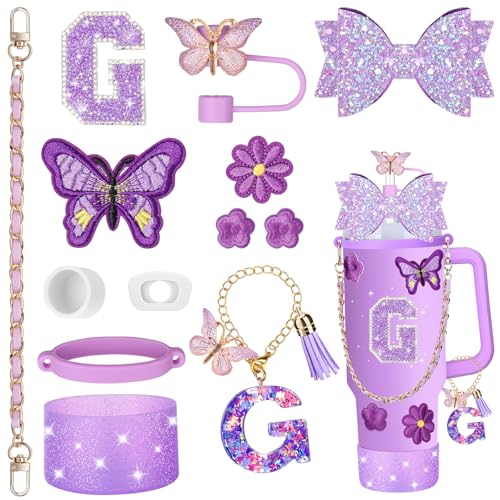 Mity rain 14PCS Purple Cup Accessories for Stanley Cup 30oz 40oz tumbler with handle - Includes Strap,Straw Bow Decorate,Straw Cover,Boot,Spill Proof Stoppers,Handle Charms,Letter Sticker(Initials G)
