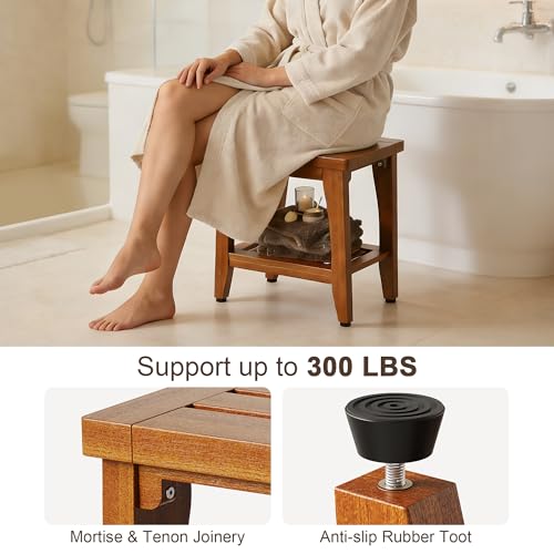 14" Compact Solid Teak Shower Bench with Storage Shelf by Jekruiet - Image 4