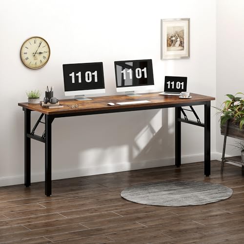 Image of Need Large Computer Desk, 62 inches Long Office Desk, No Install Needed Folding Table Writing Table Workstation for Small Space, Rustic Brown