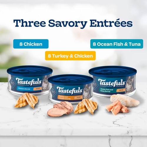 Image of Blue Buffalo Tastefuls Wet Cat Food Pate Variety Pack (Chicken, Turkey & Chicken, Ocean Fish & Tuna) for Adult Cats, Made with Natural Ingredients, 5.5-oz. Each (24 Cans)