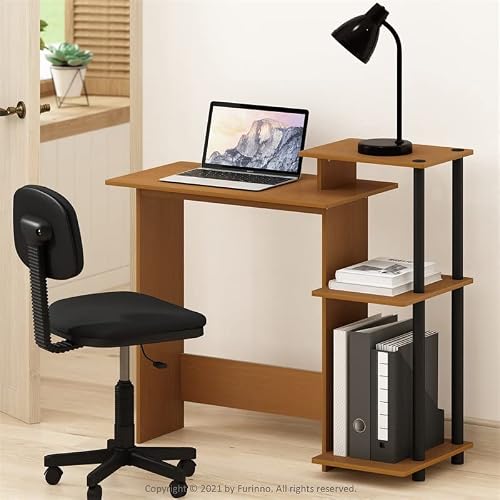 Furinno Basic 3-Tier Bookcase Storage Shelves, Light Cherry & Efficient Home Laptop Notebook Computer Desk With Square Shelves, Light Cherry/Black #TOP5