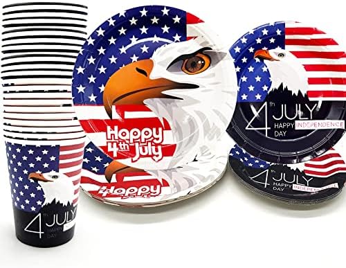 Labor Day Party Plates Decoration, Serves 24 Guests Patriotic Paper Plates Cups Party Supplies USA Independence Day Disposable Plates Celebration Favor Round Dinnerware Plates Tableware Dishes Décor