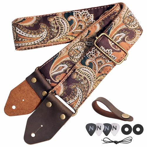 Nefelibata Crazy Horse Gitarrengurt aus Leder, Jacquard-Stickerei, Baumwolle, Gitarrengurte für Bass, elektrische und akustische Gitarren, tolles Geschenk für Gitarristen (goldfarbene Seidenbraune