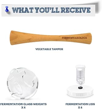 Mason Jar Fermentation Kit | Wide mouth Jar Lacto-Fermentation Pickling Kit |Includes 4 Fermentation Lids, 4 Fermentation Glass Weights, Vegetable Tamper, Wet Erase Glass Marker