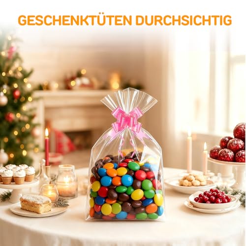 100 Stück Cellophantüten Durchsichtig mit Zugschleifen, 20 cm x 30 cm (8\ x 12\) Klarsichttüten mit Boden - Lebensmittelsichere Plätzchentüten für Süßigkeiten, Mitgebsel, Geschenke und DIY