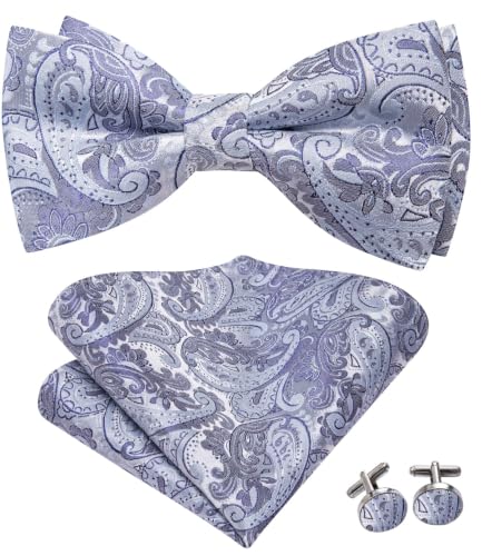 Image of Dubulle Mens Paisley Striped Bowtie Set Pre-tied Bowtie for Men and Pocket Square Set Wedding Business
