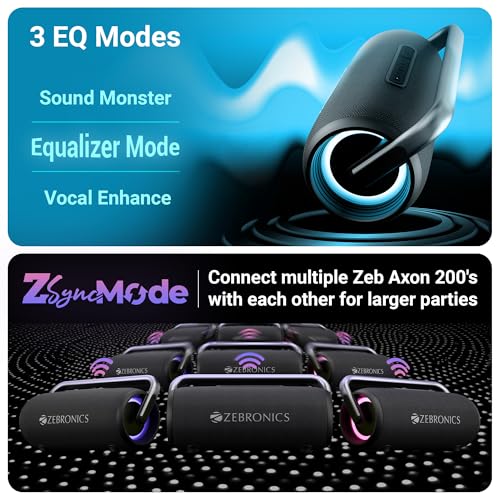 Image of ZEBRONICS AXON 200 Portable Party Bluetooth Speaker, 180W RMS, 5 Drivers + 2 Passive Radiators, Z-Sync Mode, IPX6, Upto 10 Hours Playback, Rapid Charging, BT | USB | AUX, Fabric Finish, RGB, Deep Bass