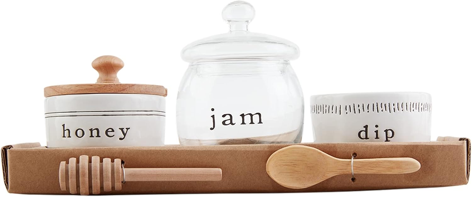 Mud Pie Honey, Jam & Dip Set, White, jars 2" x 3" dia | utensils 3.5"